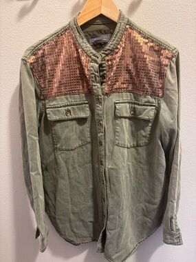 Anthropologie Army Green Sequin Utility Button Down Shirt | 10